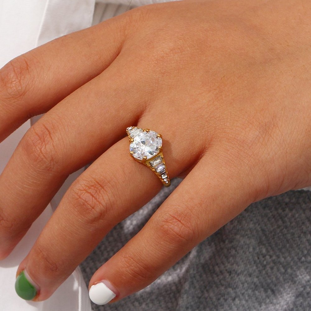 Luxury Crystal Zircon Adjustable 18K Gold Plated Stainless Steel Ring